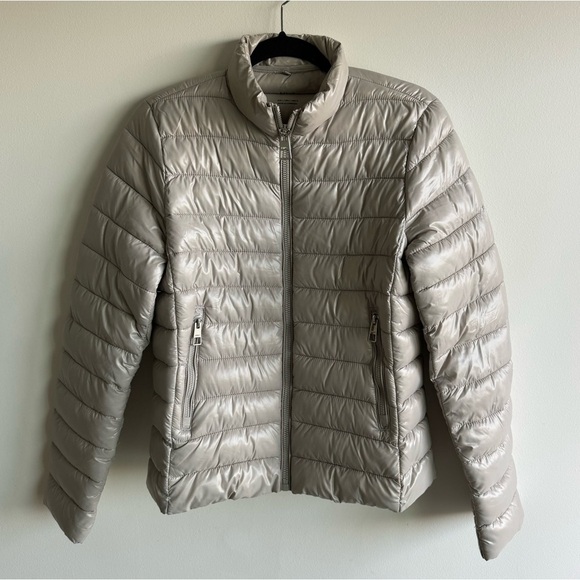 NWOT MANGO Shiny Cream Silver Puffer Zippered Jacket Large - Picture 1 of 8